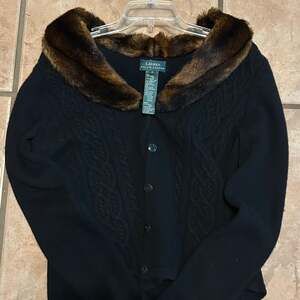 Lauren Ralph Lauren Sweater Women Medium Ladies Black Faux Fur Rabbit Cardigan